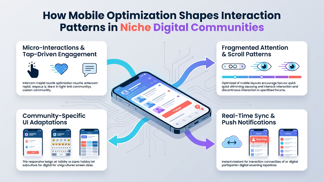 Group of users scrolling through mobile-optimized community feeds with charts showing engagement spikes