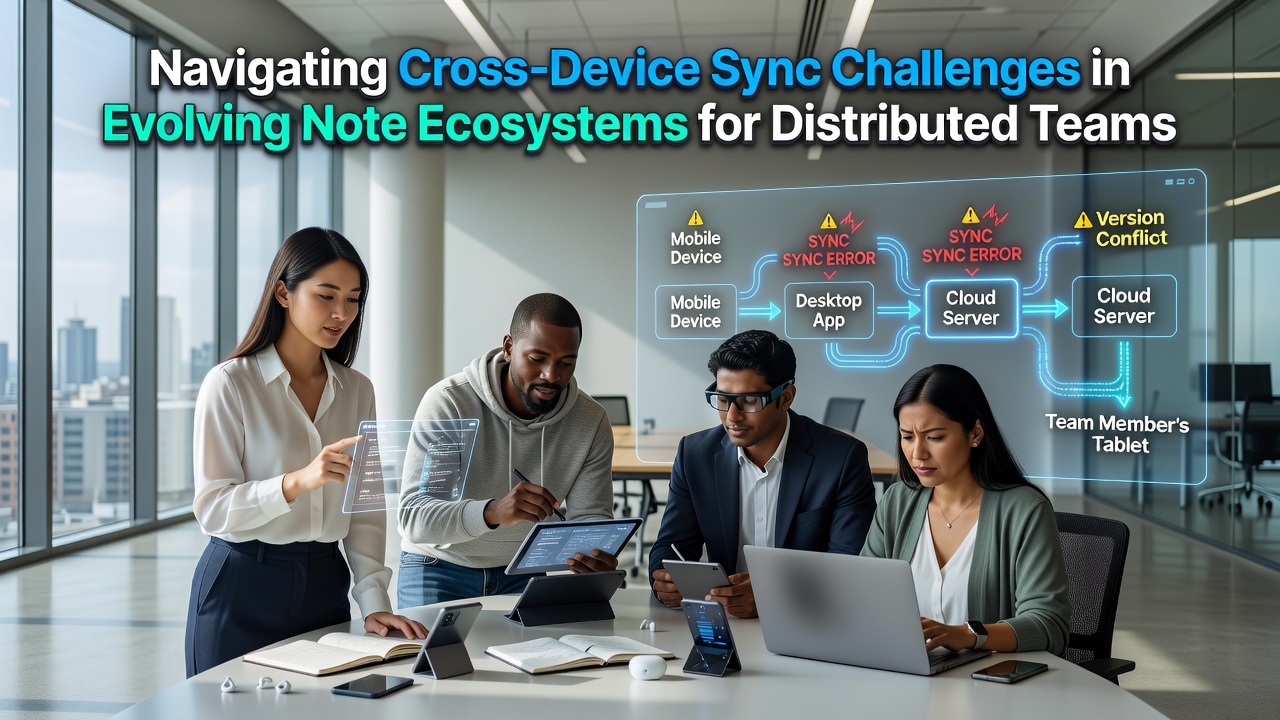 Diagram depicting evolving note applications handling synchronization across multiple operating systems and network conditions for remote work groups